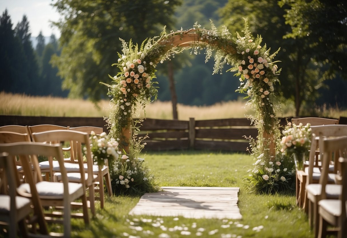 A wooden hoop arch adorned with wildflowers and greenery stands in a rustic outdoor setting, creating a romantic backdrop for a wedding ceremony