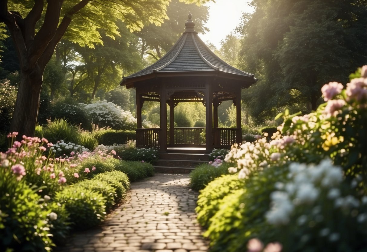 Lush garden with blooming flowers, winding paths, and elegant gazebos. Sunlight filters through the trees, creating a romantic atmosphere for weddings