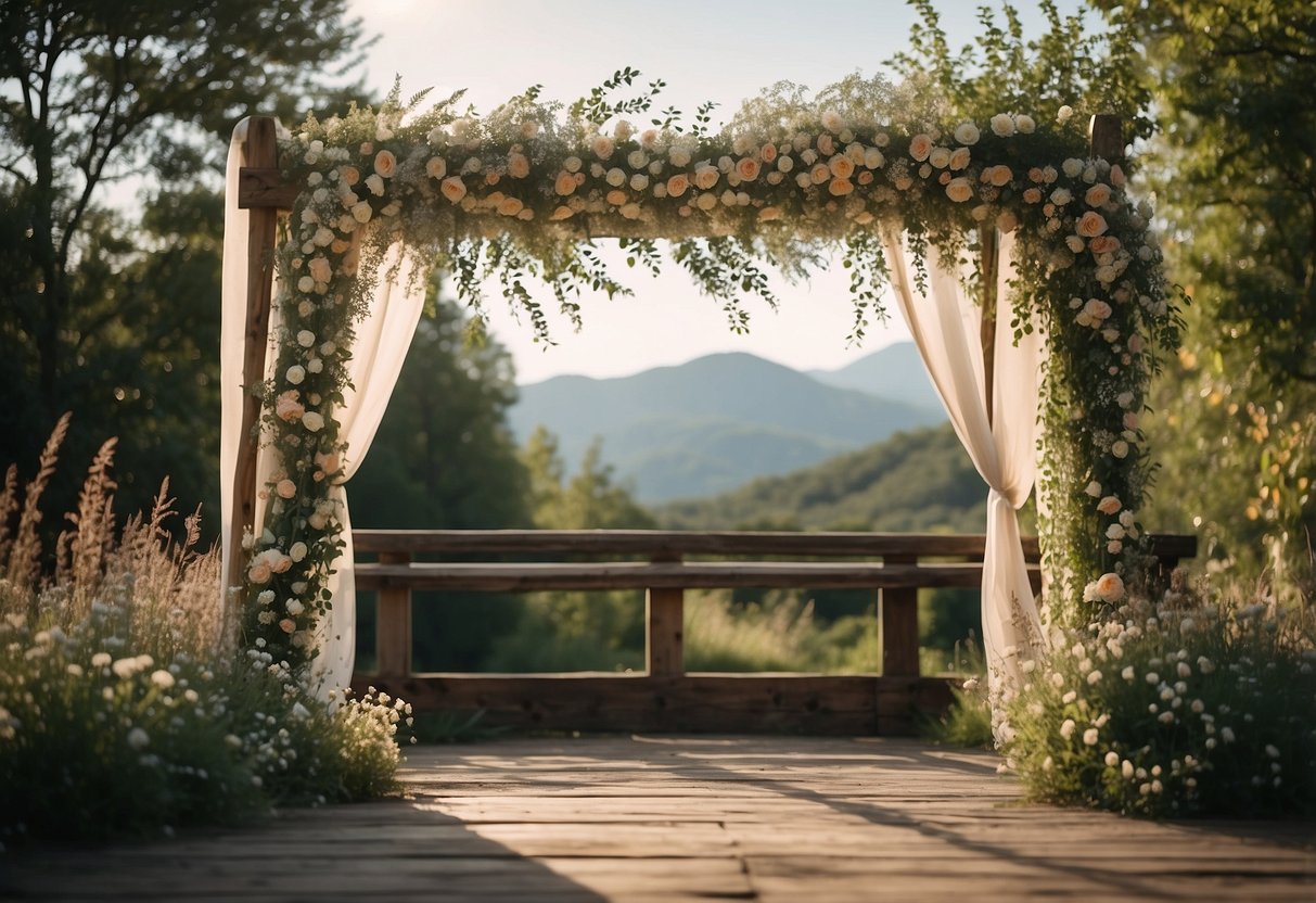 A weathered window frame serves as the rustic wedding arch, adorned with wildflowers and draped with flowing fabric