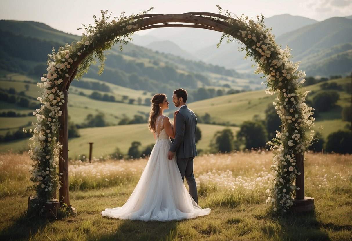 A rustic wedding arch stands adorned with wildflowers and draped with flowing fabric, set against a backdrop of rolling hills and a serene countryside landscape