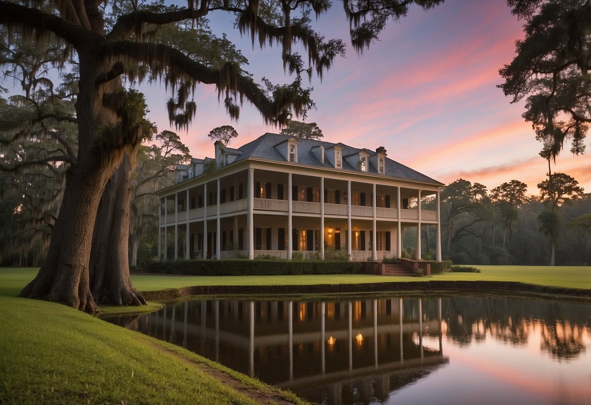 A grand plantation house surrounded by moss-draped oak trees, with a backdrop of a serene bayou and the vibrant colors of a Louisiana sunset