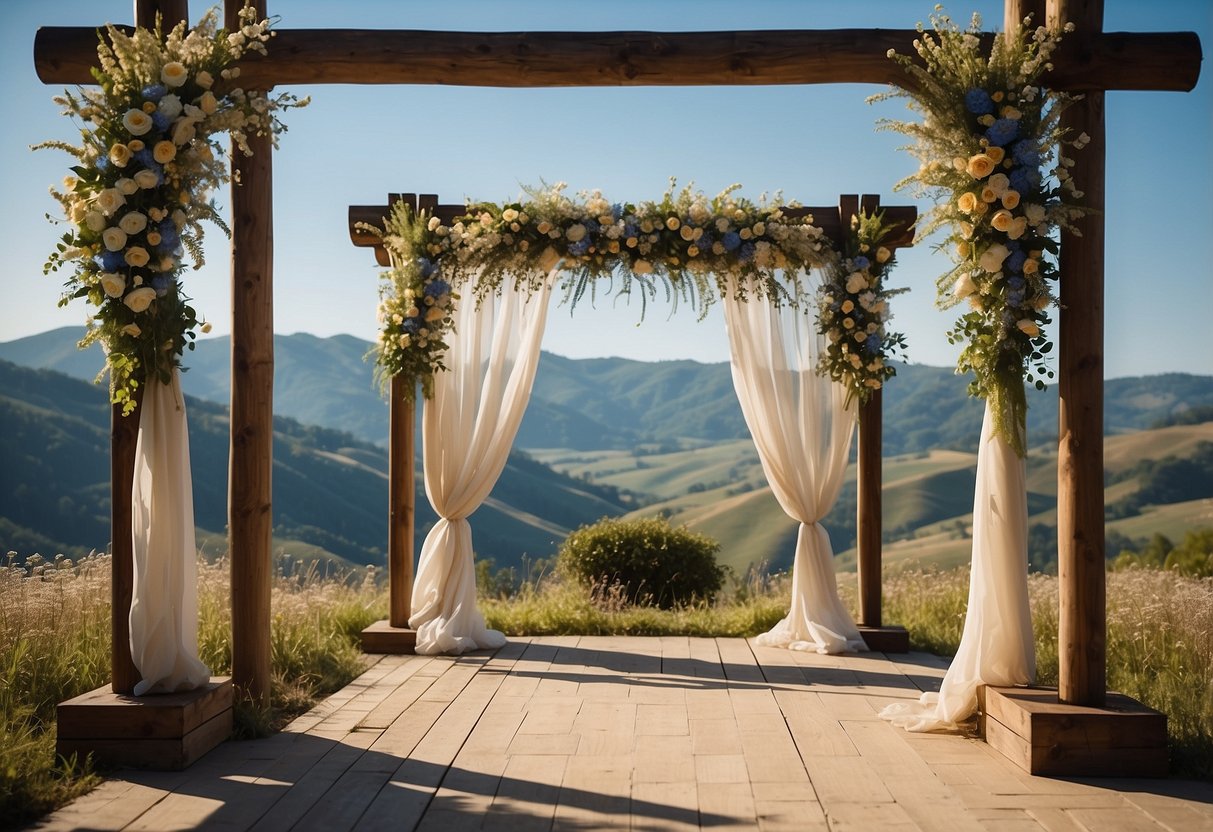 A wooden wedding arch adorned with wildflowers and draped with flowing fabric, set against a backdrop of rolling hills and a clear blue sky