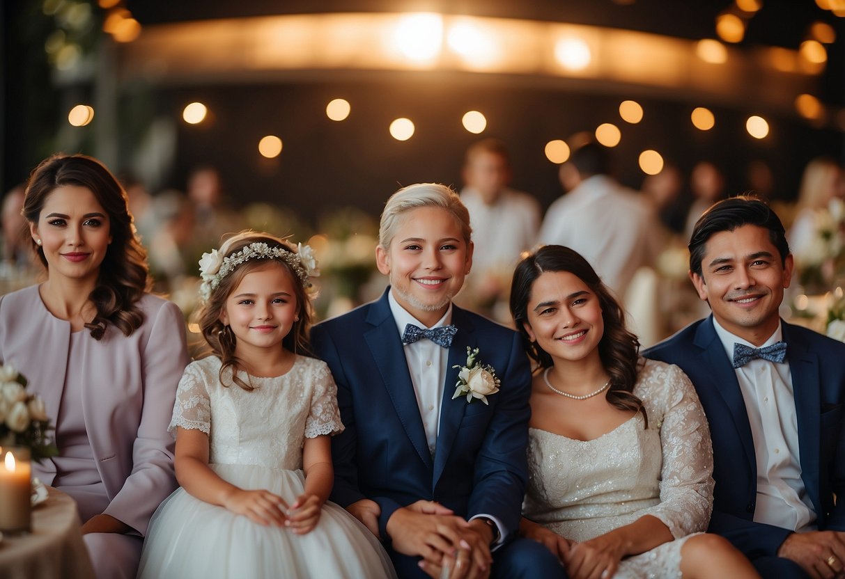 The family section is divided, with each set of parents sitting separately at the wedding