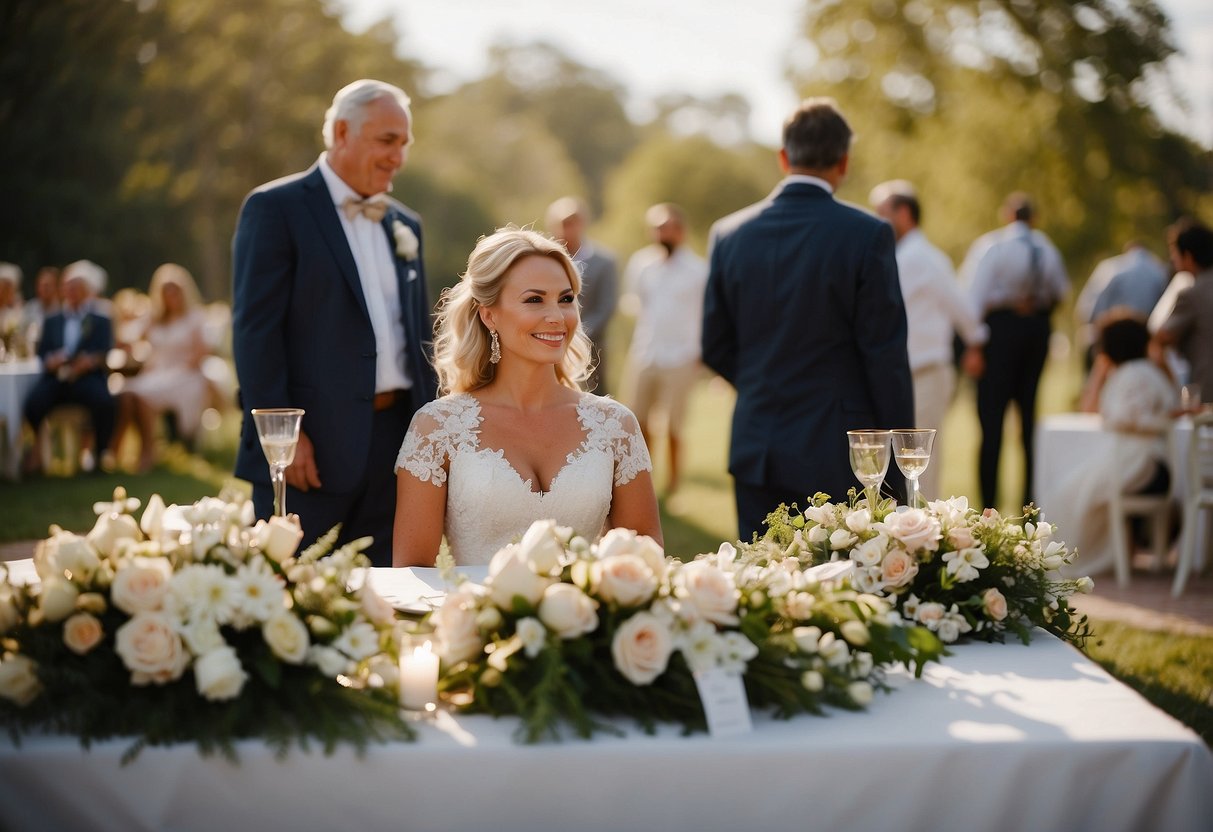 A decorated sweetheart table with parents nearby at a wedding. Both sets of parents sit together