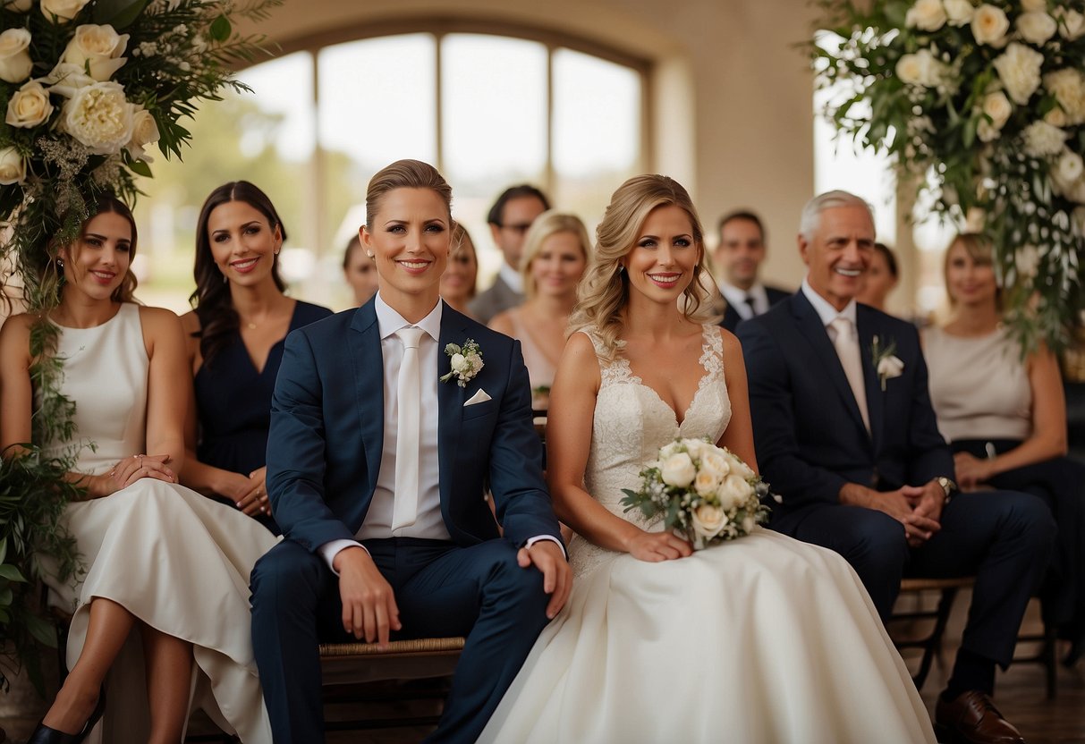 Parents sit together at wedding. Use seating chart to avoid confusion. Illustrate elegant setting with designated seats for both sets of parents