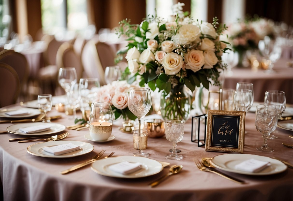 A table with various wedding favor sign ideas displayed, including personalized trinkets and elegant packaging