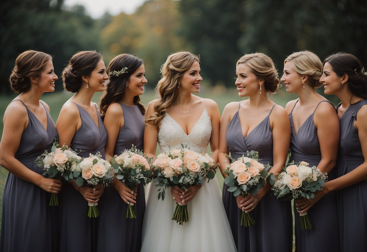 A group of bridesmaids standing in a line, holding bouquets and wearing matching dresses