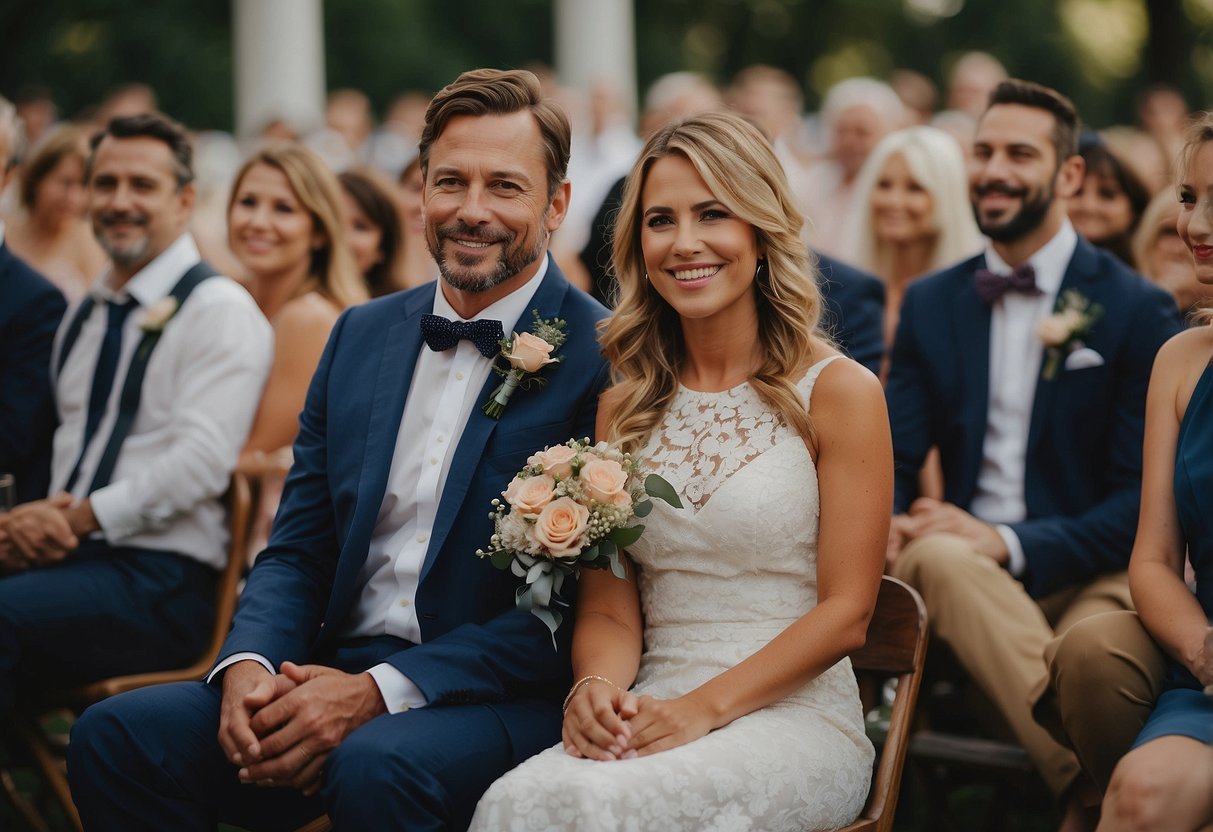 Both sets of parents sit together at a wedding. They are positioned in a way that allows for easy conversation and interaction