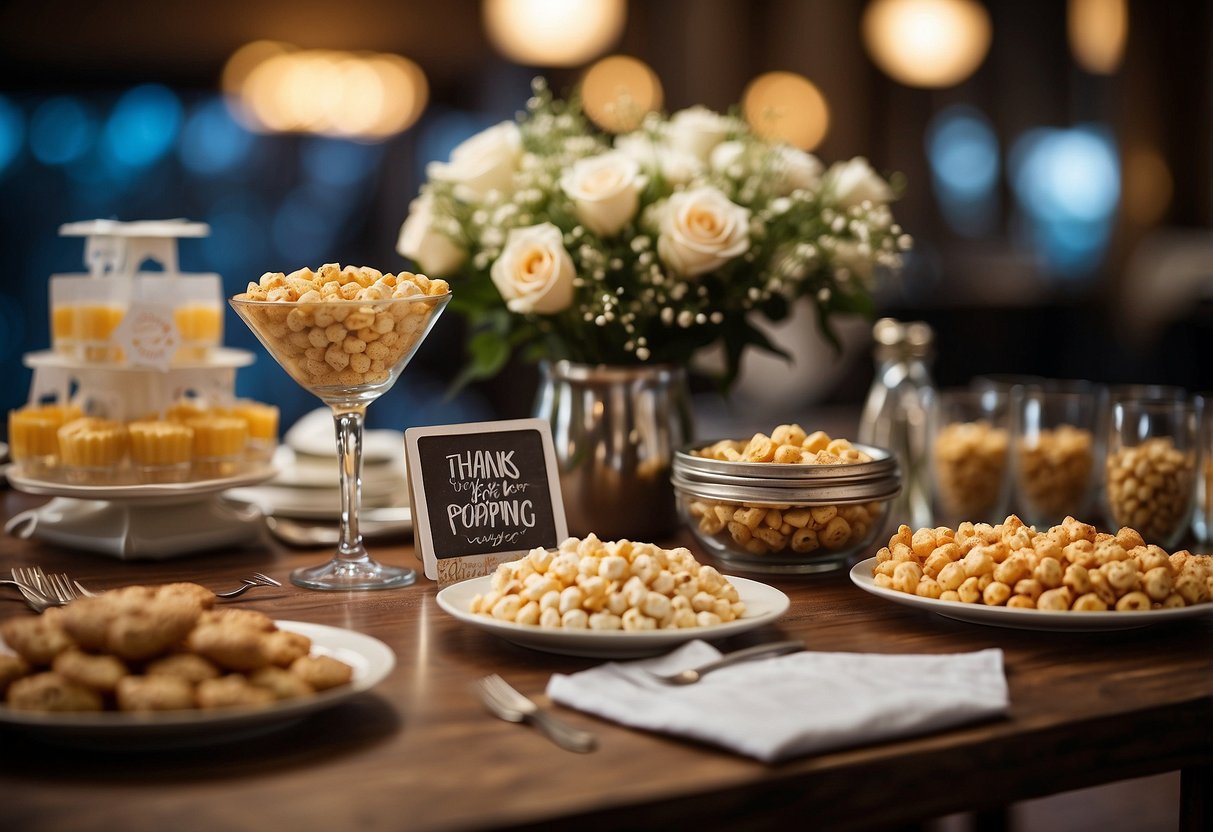 A table with a sign reading "Thanks for Popping By!" surrounded by wedding favors like mini champagne bottles, popcorn bags, and personalized stickers