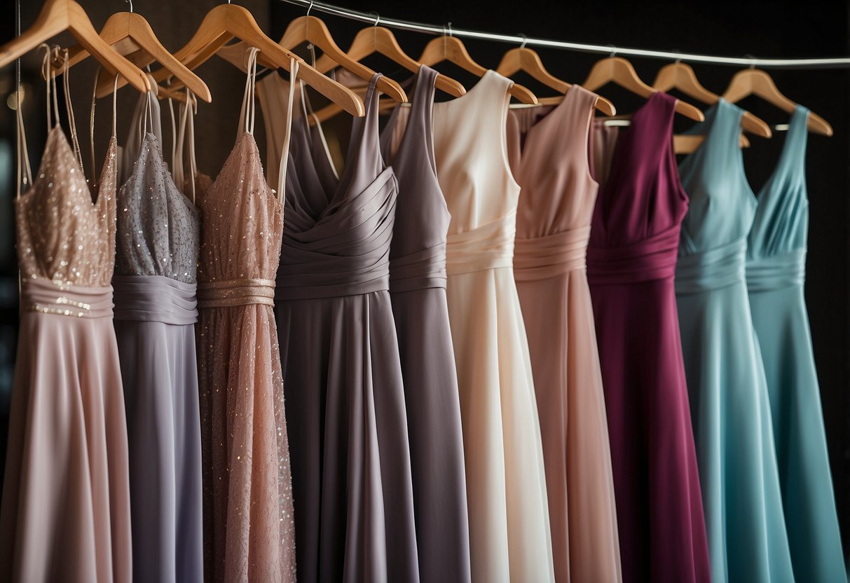 A group of bridesmaid dress options displayed on a rack, with various styles, colors, and sizes to choose from