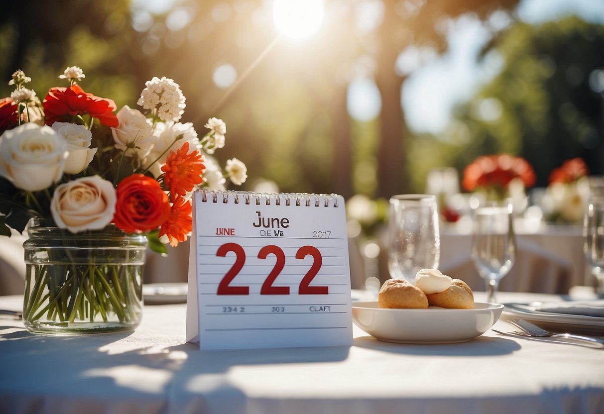 A sunny outdoor wedding setting with vibrant flowers and a clear blue sky, showcasing a calendar with the date "June 7, 2024" circled in bright red