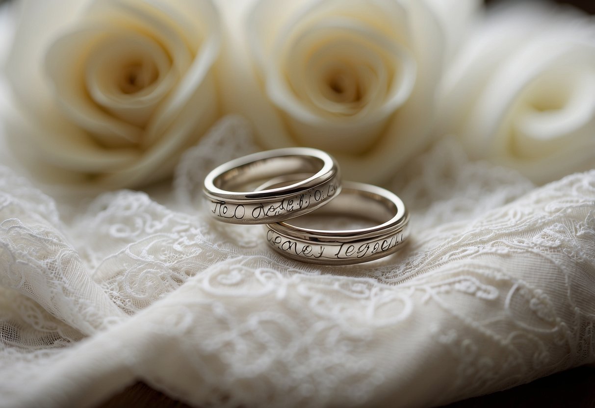 A pair of intertwined wedding rings resting on a bed of delicate white lace, with the words "To Have and to Hold, and Never Let Go" elegantly written in calligraphy