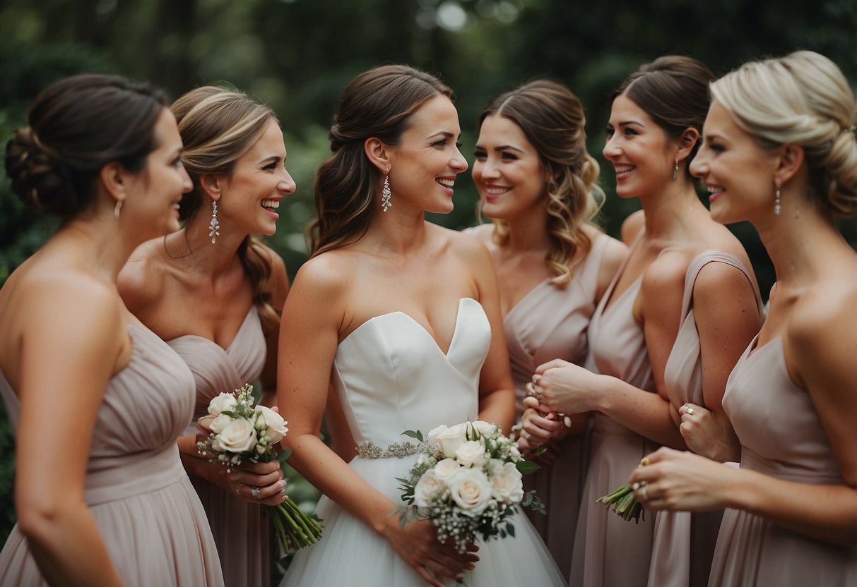 A group of bridesmaids in various dresses, standing in a line, with the bride in the center, discussing and customizing their outfits