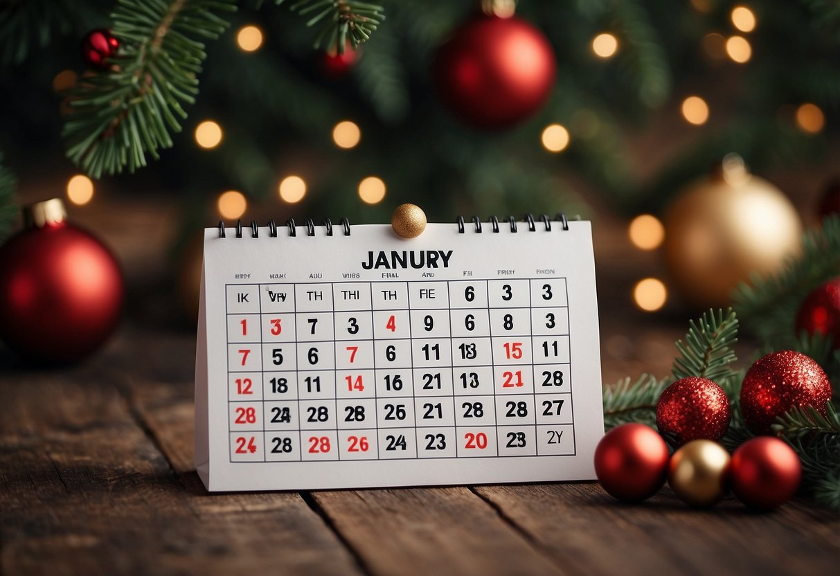 A calendar with January 15 circled in red, surrounded by festive decorations and symbols of new beginnings