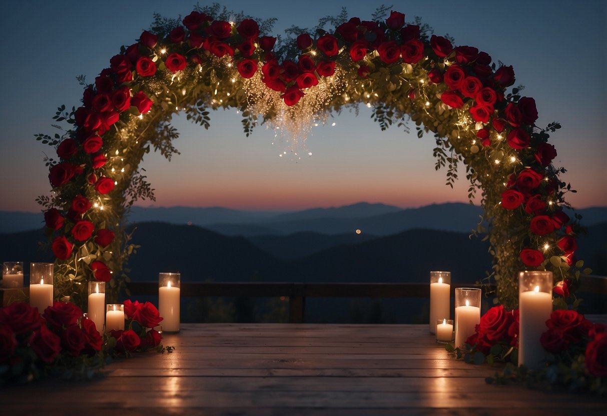 A heart-shaped wedding arch adorned with red roses and twinkling lights under a starry sky on Valentine's Day 2024