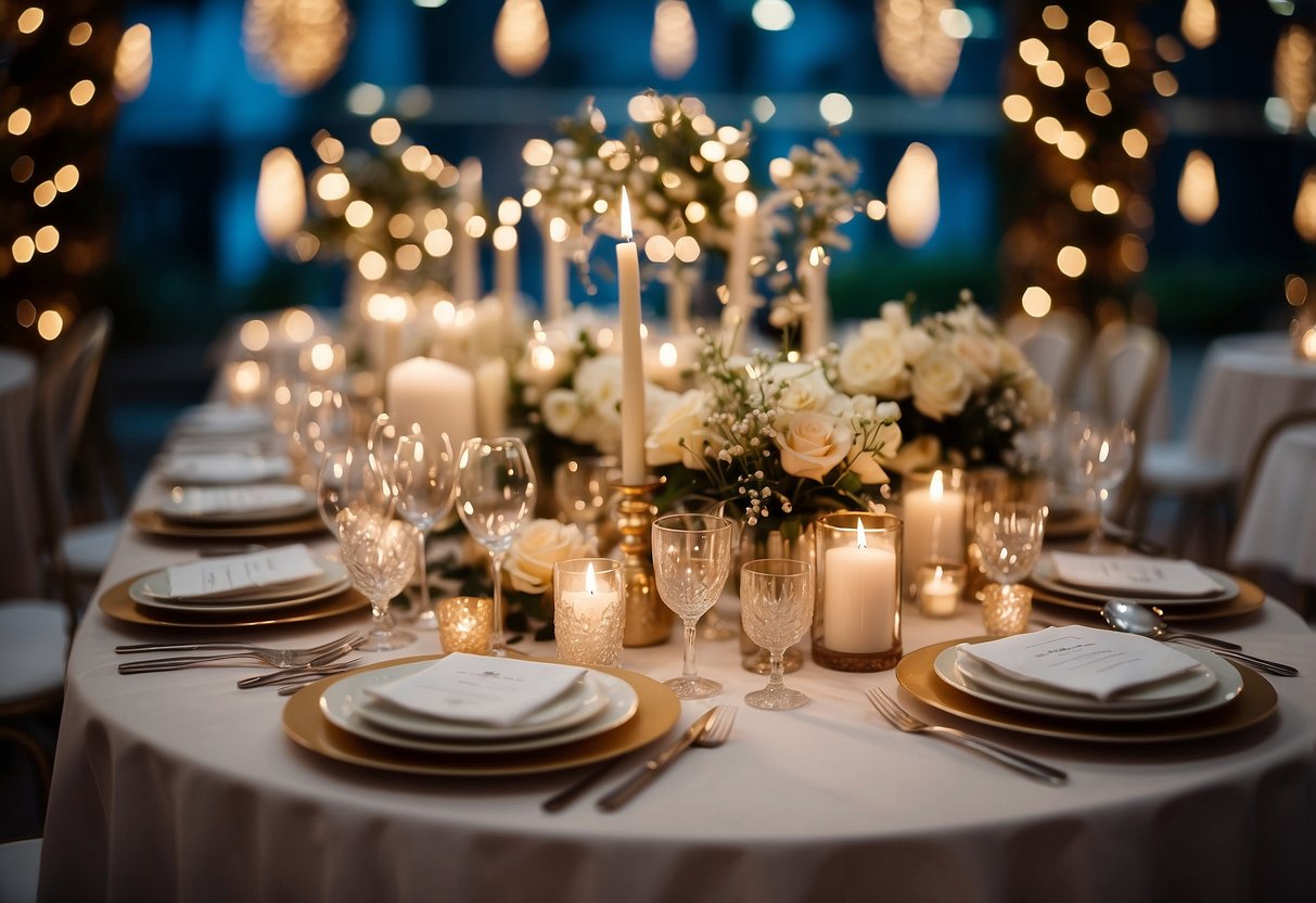 A table with elegant wedding favor signs, surrounded by twinkling lights and floral decorations