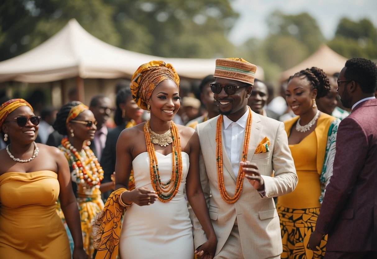 An outdoor African wedding with vibrant traditional fabrics, colorful decor, and dancing under the warm sun