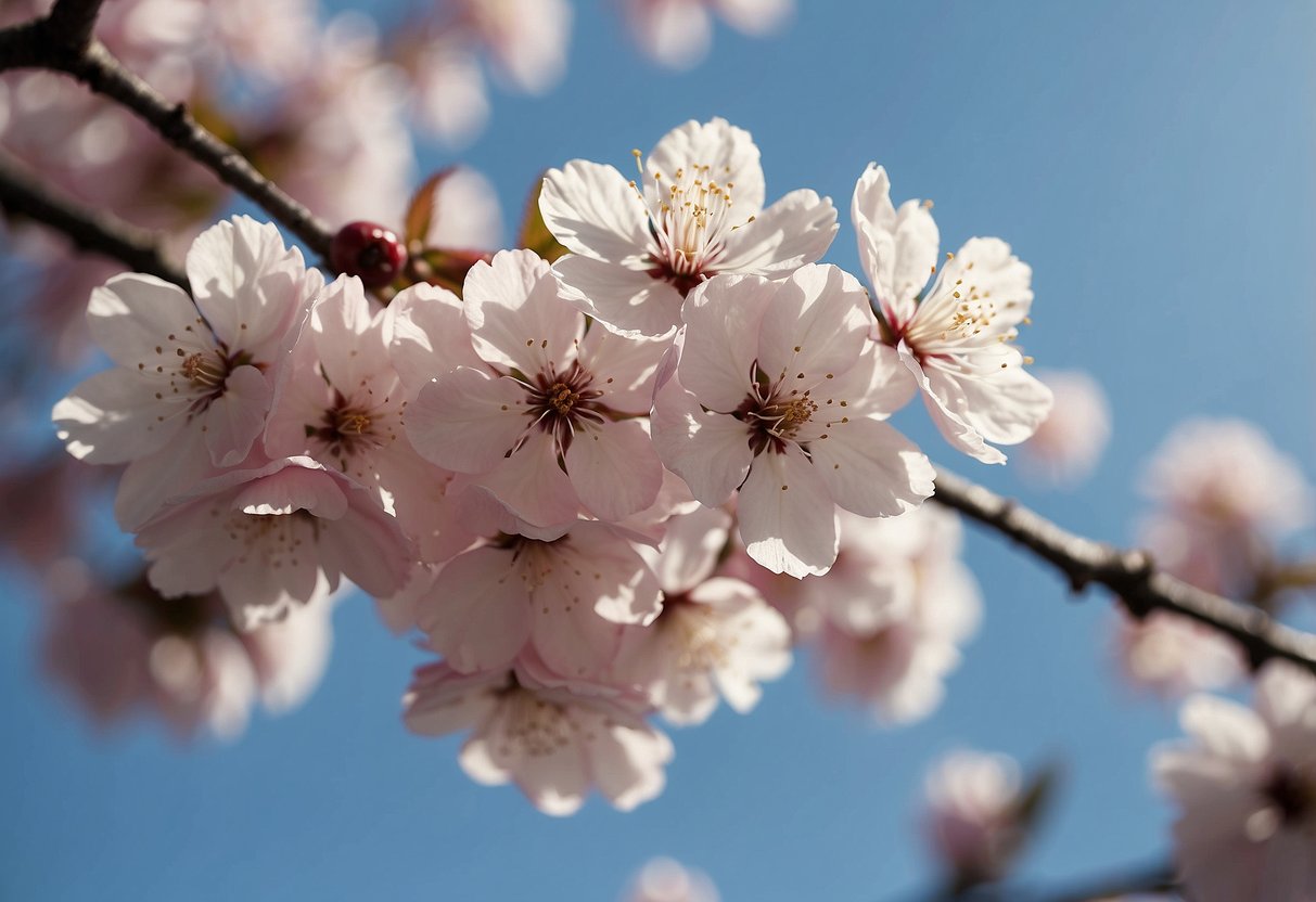 A blooming cherry blossom tree under a clear blue sky, with a gentle breeze carrying the scent of fresh flowers