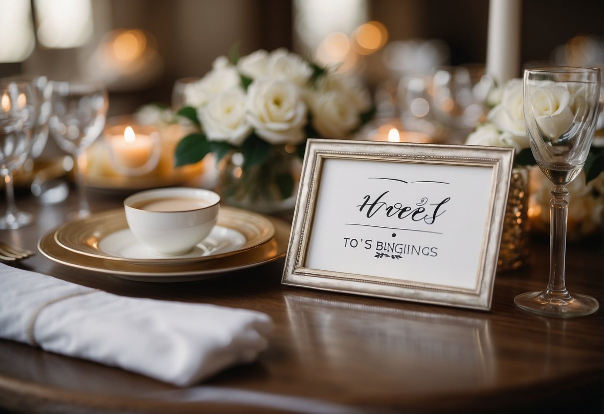 A table with elegant "Here’s to Sweet Beginnings!" signs and decorative wedding favors