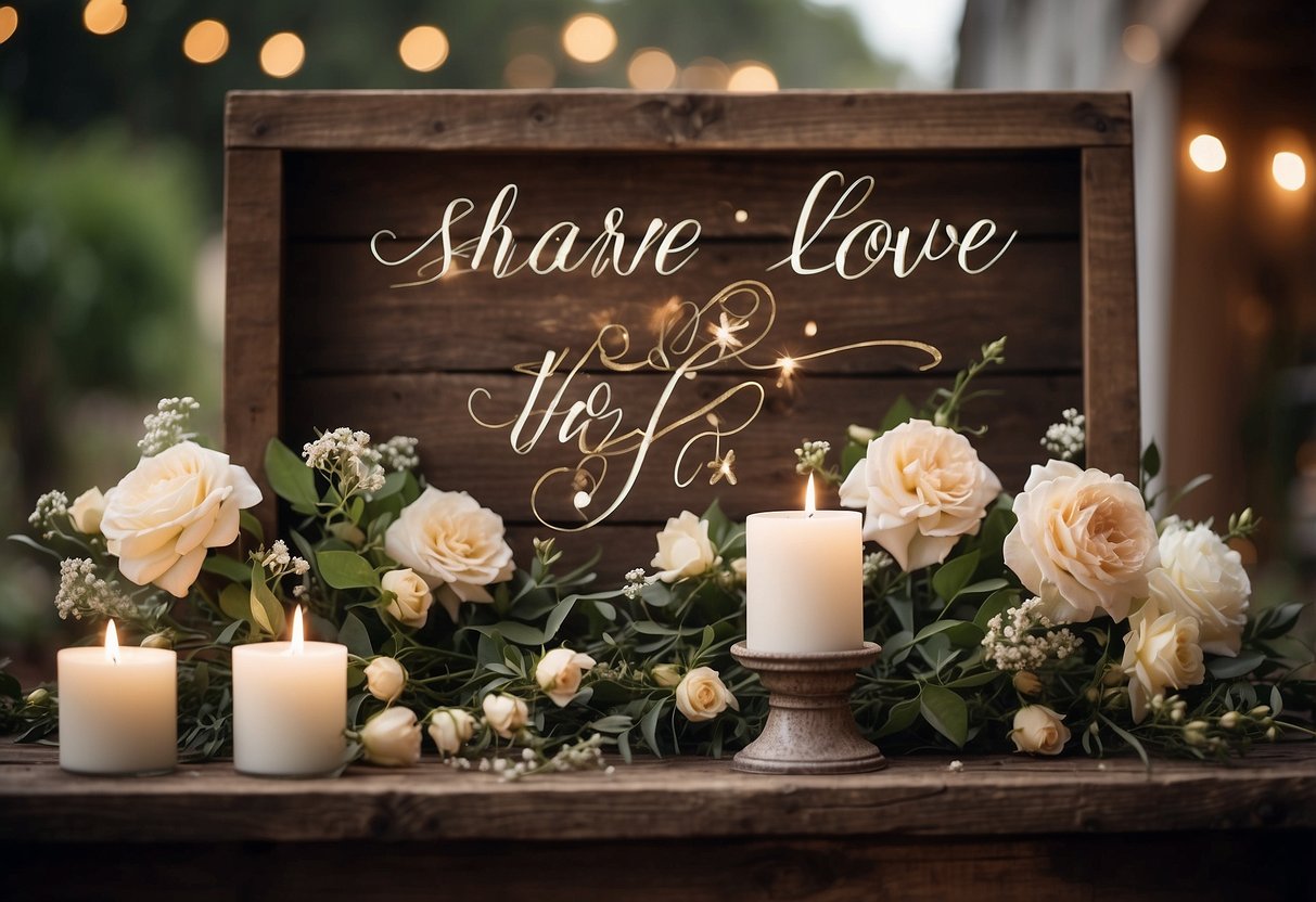 A rustic wooden sign with elegant calligraphy reads "Share the Love" surrounded by floral arrangements and twinkling lights