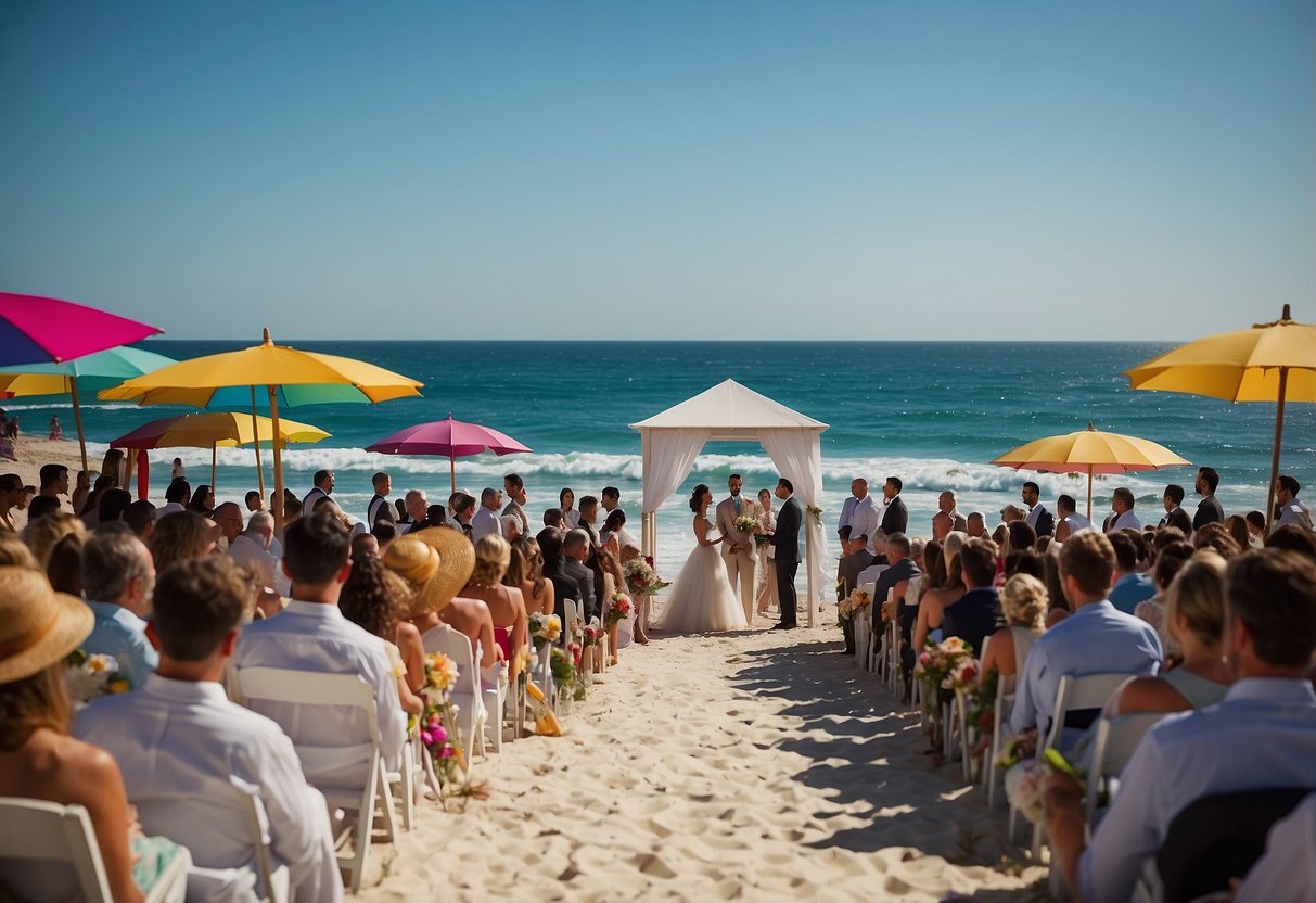 A sunny beach with colorful umbrellas and people enjoying a wedding ceremony. The ocean waves gently crash in the background as the sky is clear and the sun shines brightly