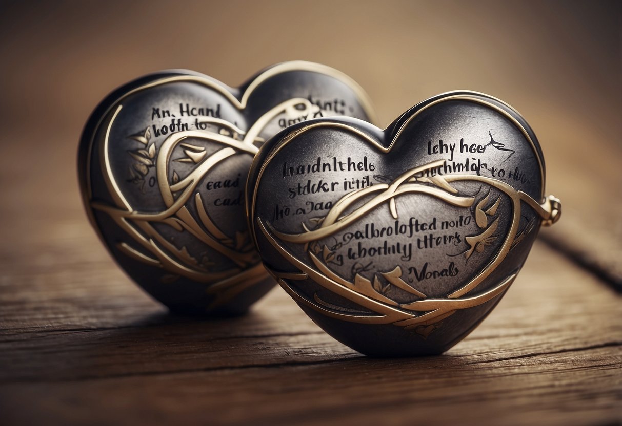 A pair of intertwined hearts with the words "Hand in Hand, Heart to Heart" written in elegant script above them