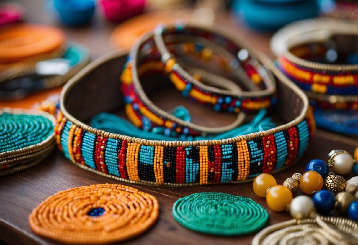 Vibrant Maasai beaded accessories arranged on a table for an African wedding, including necklaces, bracelets, and headpieces