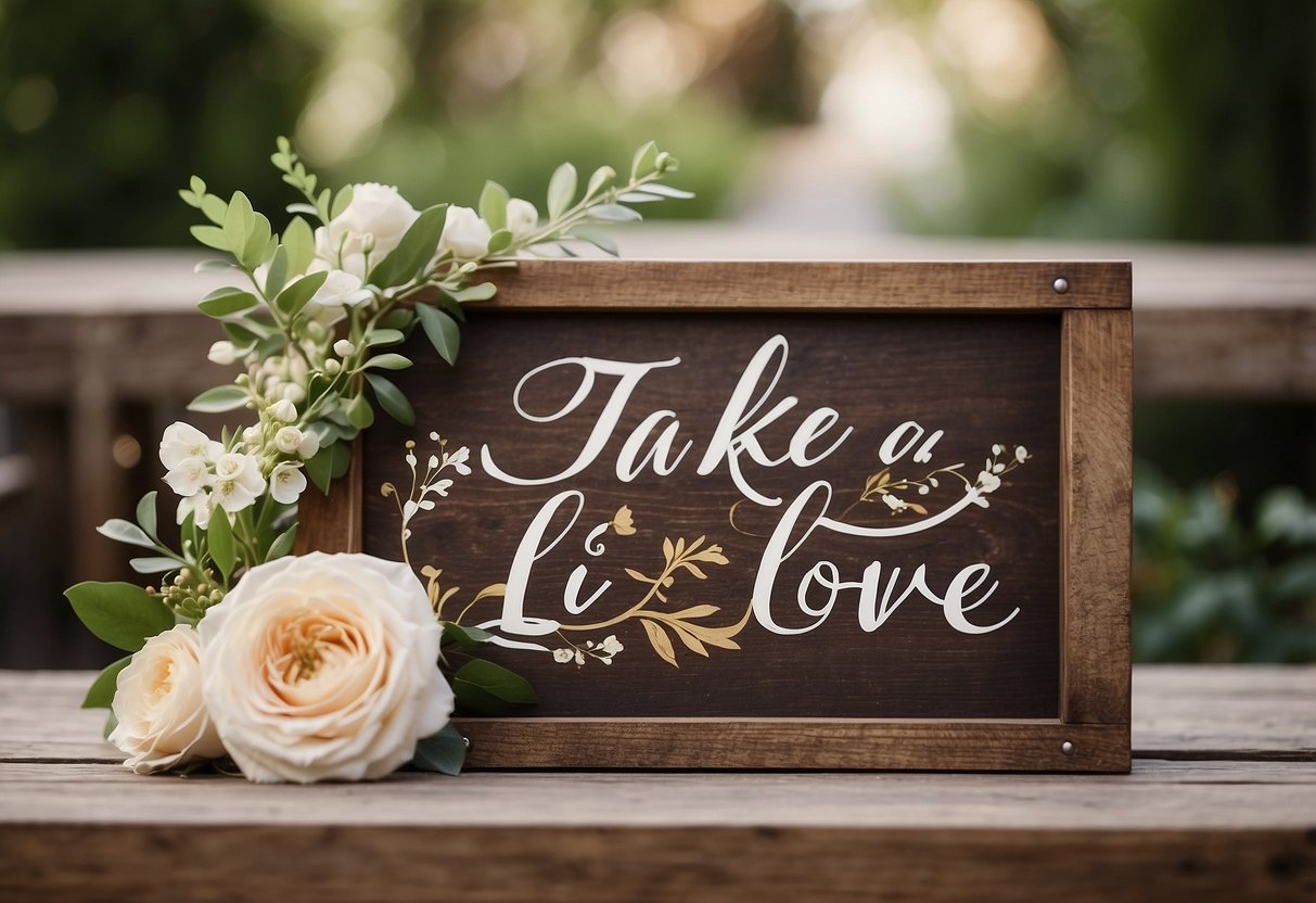 A rustic wooden sign with "Take a Little Love" in elegant calligraphy, surrounded by delicate florals and a romantic color palette