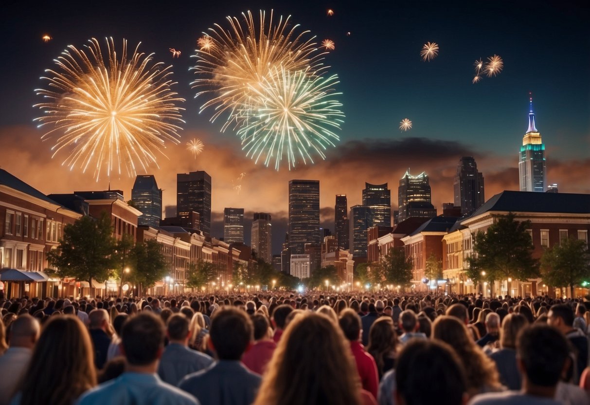 A vibrant and festive scene with fireworks lighting up the night sky, American flags waving in the breeze, and a sense of joy and celebration in the air