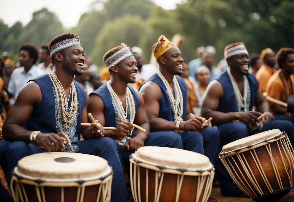 A group of drummers perform at an African wedding, creating lively rhythms and engaging the audience with their energetic and vibrant performance