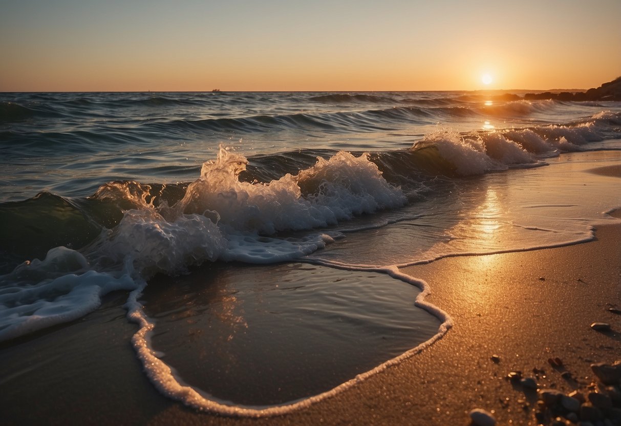 A sunny beach with a picturesque sunset, a serene setting with soft waves and a gentle breeze, creating a romantic atmosphere for a wedding ceremony