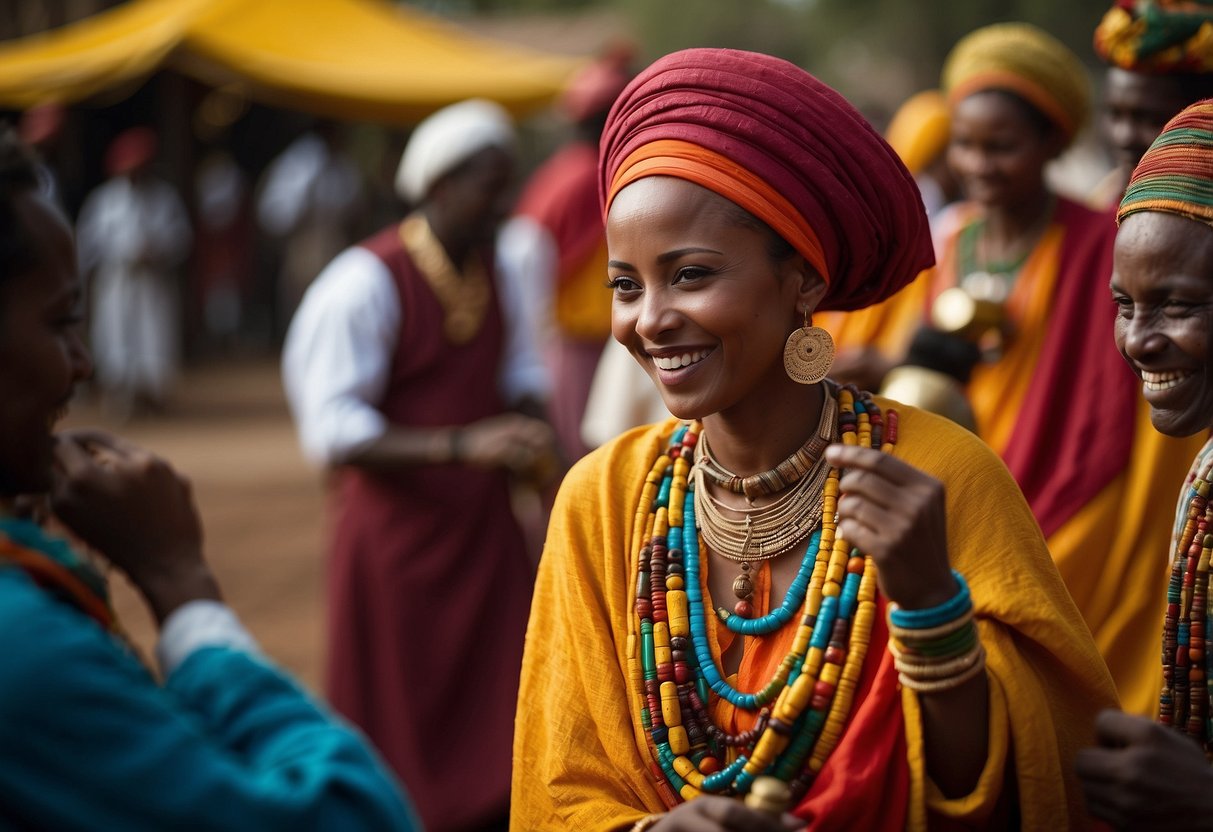 Vibrant Ethiopian decor, traditional injera and spicy stews, joyful dancing and music, colorful cultural attire