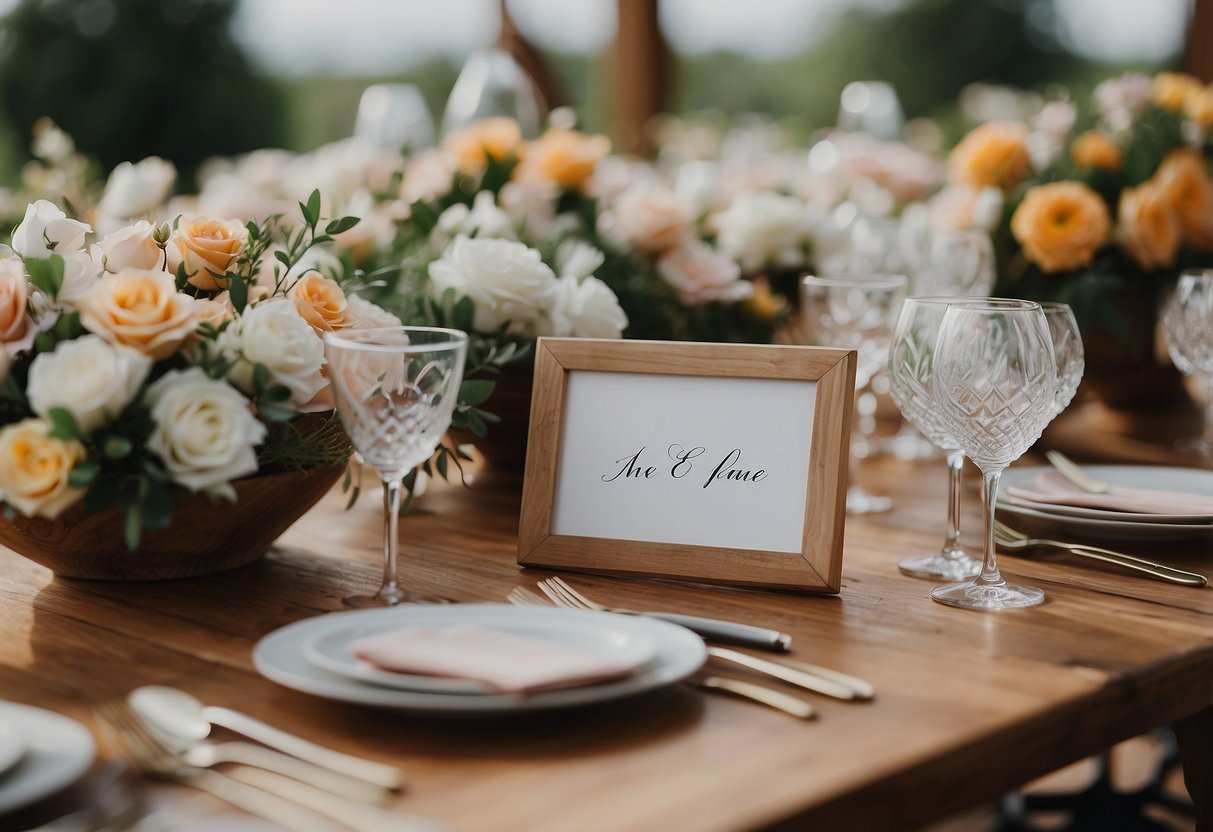 A table with various materials like wood, glass, and fabric. Wedding favor sign ideas displayed in elegant calligraphy