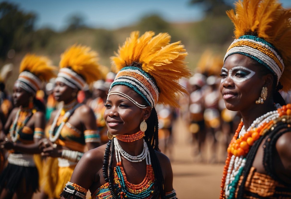 Vibrant Zulu Reed Dance ceremony with traditional attire, colorful beads, and rhythmic dancing