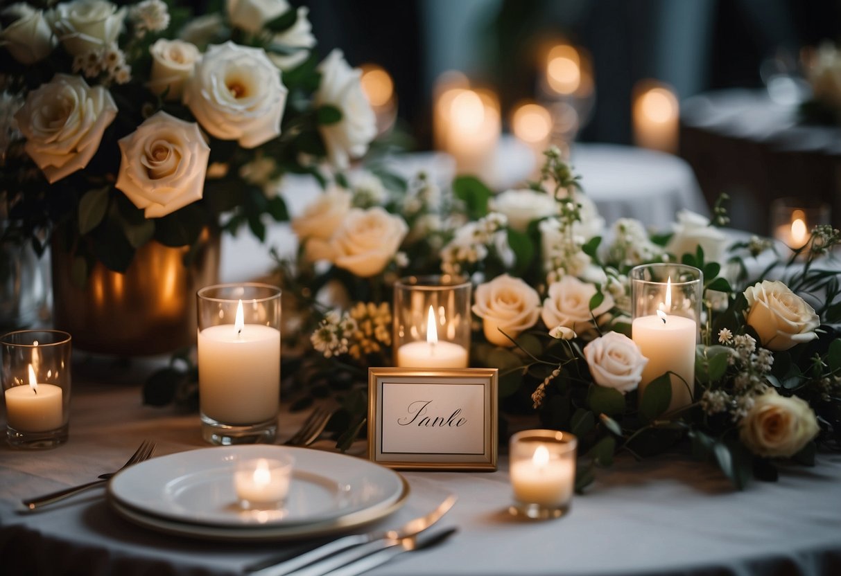 A table with elegant wedding favor signs displayed, surrounded by floral arrangements and soft candlelight