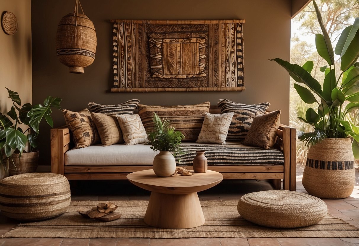 African-inspired decor with earthy tones, tribal patterns, and natural elements like wood and woven textiles. A backdrop of a savannah landscape with acacia trees and wildlife