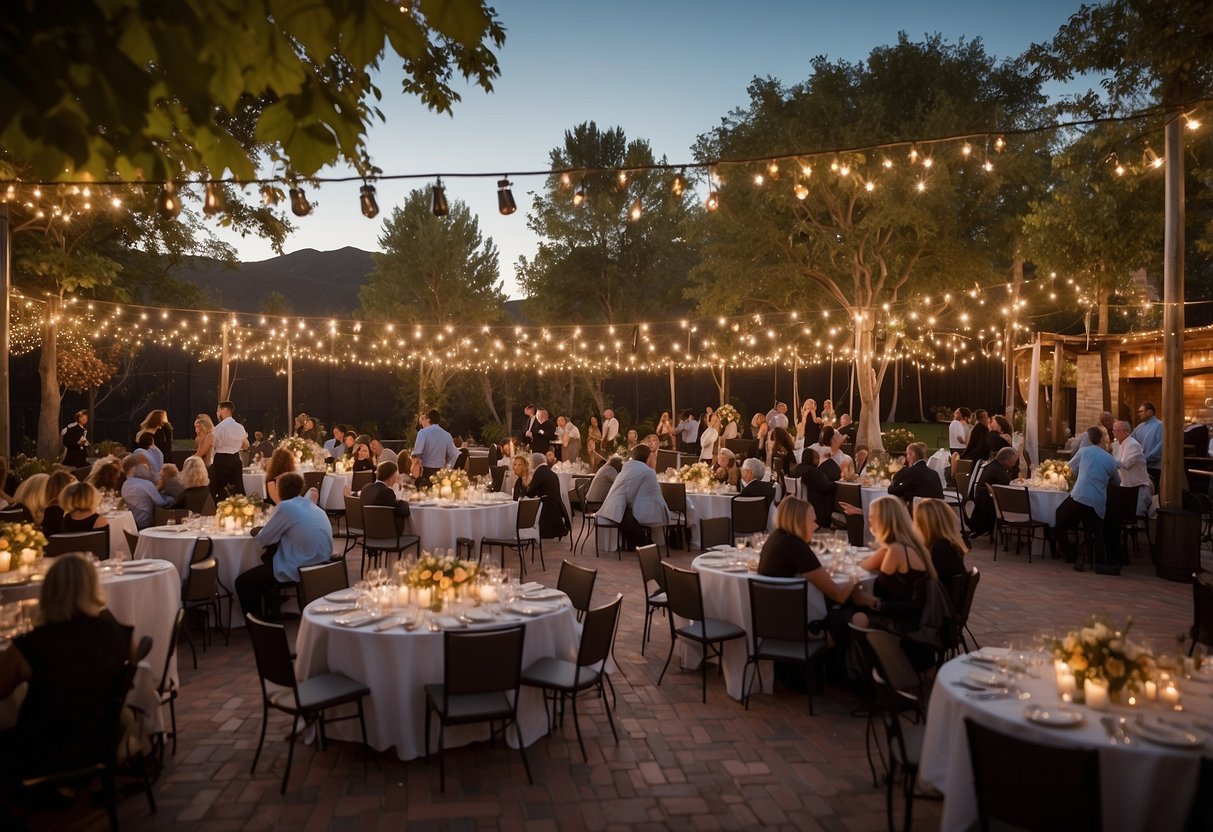 Guests enjoy live music, dancing, and games in a beautifully decorated outdoor venue. Tables are adorned with elegant centerpieces, and a photo booth provides entertainment