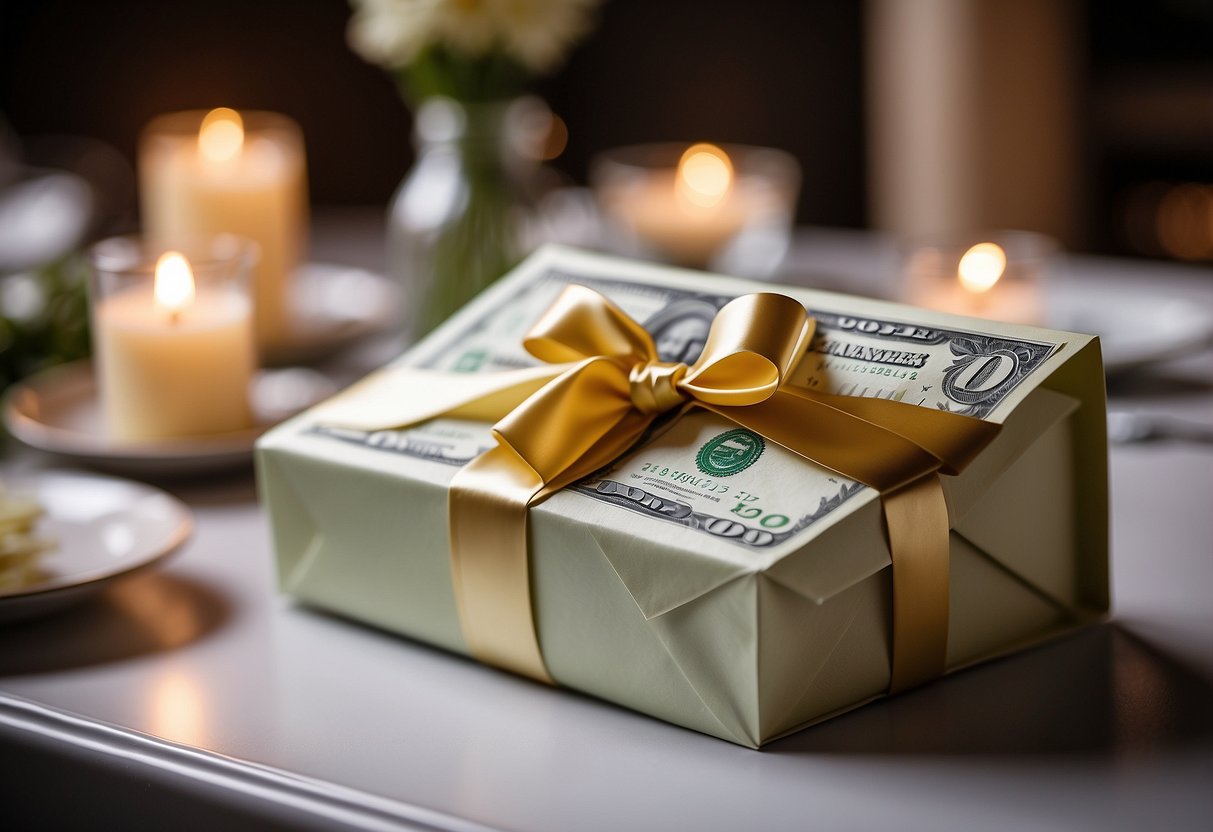 A decorative envelope holds a stack of cash with a ribbon tied around it. It sits on a table next to a guest book and a display of wedding favors