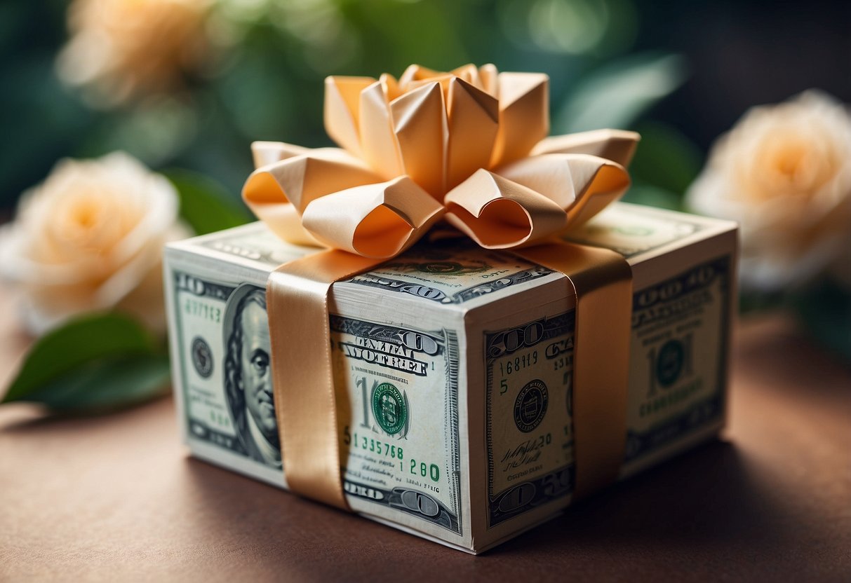 A stack of origami cash folded into intricate shapes, presented in an elegant box with a ribbon, surrounded by decorative flowers and foliage