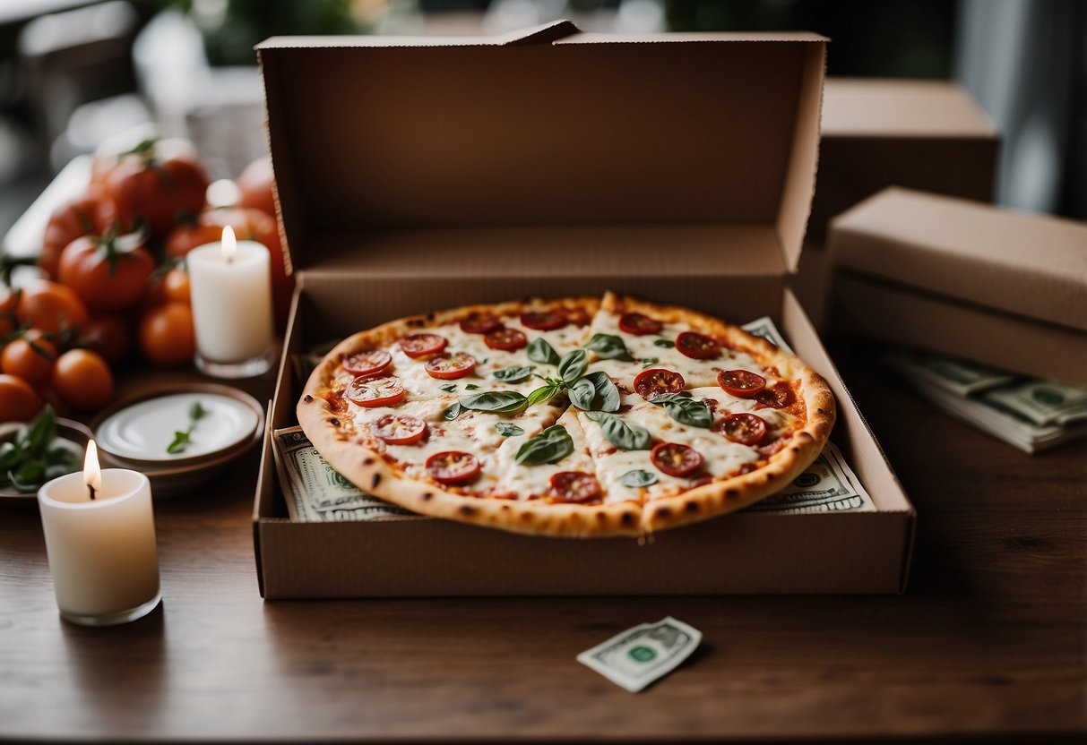 A pizza box filled with cash, topped with dollar bills folded into the shape of pepperoni, surrounded by wedding decor