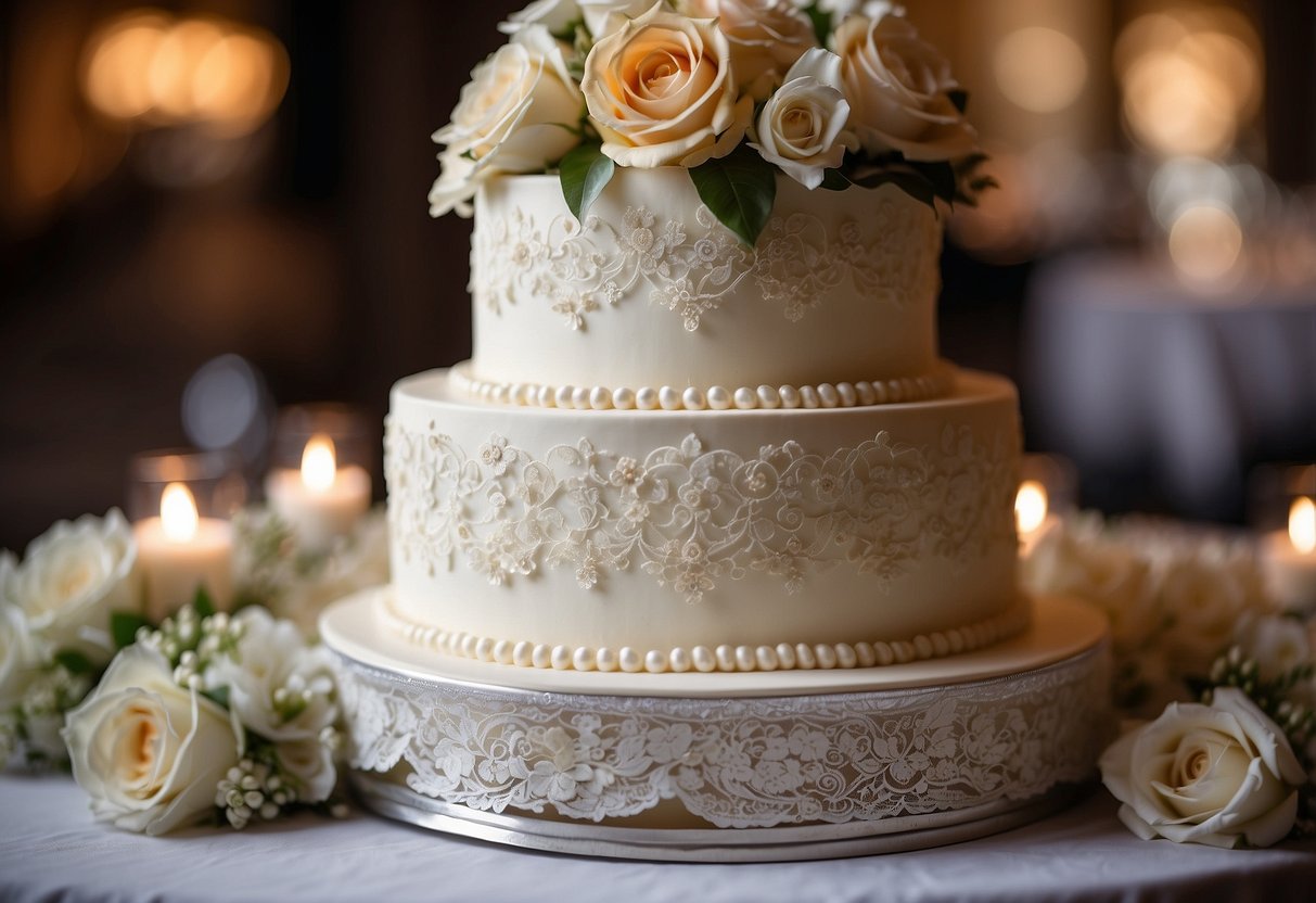 A three-tiered wedding cake adorned with cascading flowers and intricate lace details sits on a decorated table