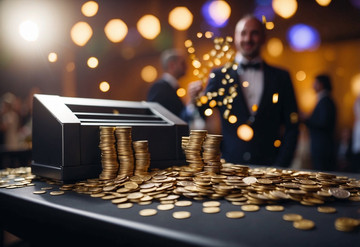 A hand presses a button on a cash confetti launcher, sending a shower of bills into the air at a wedding reception