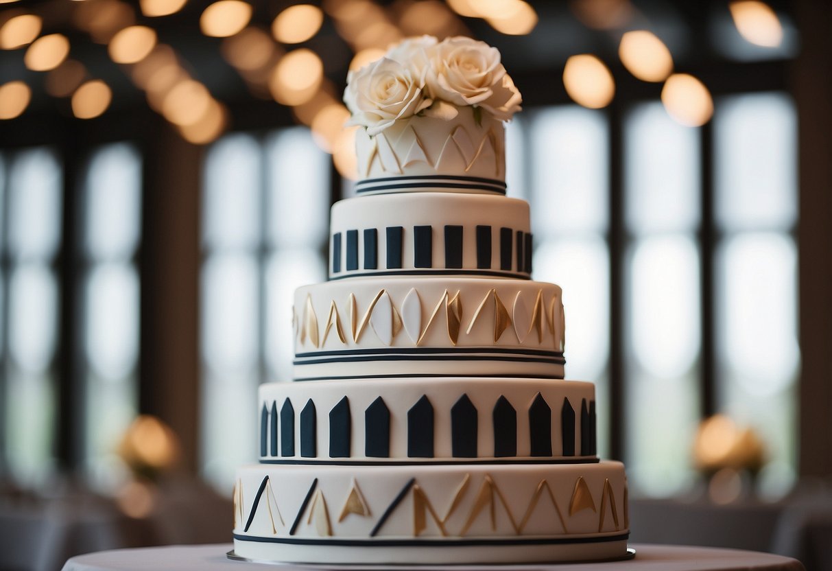 A three-tiered wedding cake with modern geometric designs, featuring clean lines and bold shapes, set against a minimalist backdrop