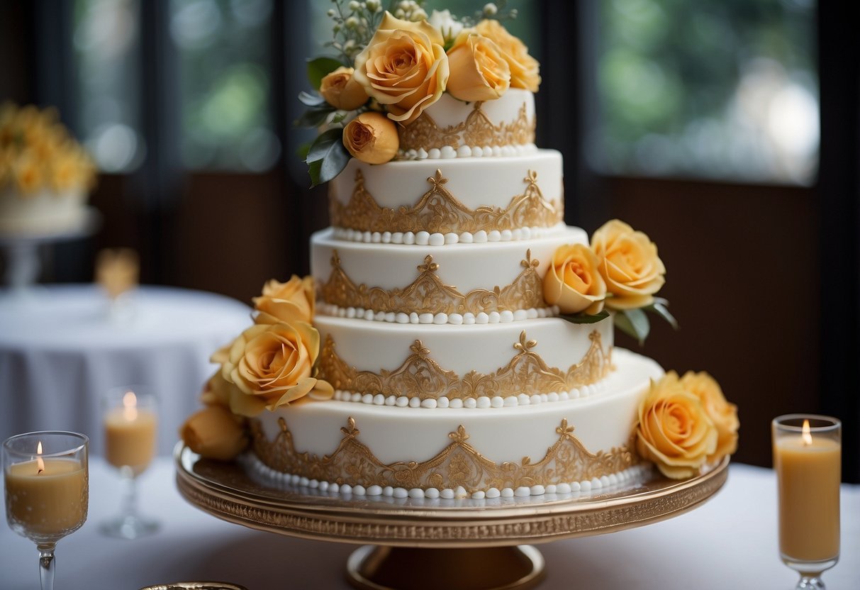 A three-tier wedding cake with various flavor combinations and fillings, adorned with intricate designs and elegant decorations