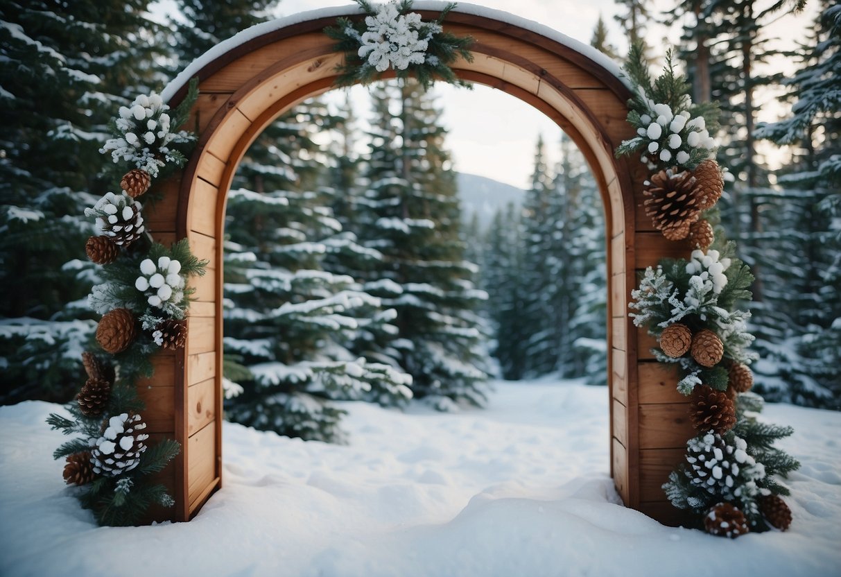 A cozy winter wedding with a snow-covered landscape, evergreen trees, and twinkling lights. A rustic wooden arch adorned with pinecones and white flowers stands as the focal point