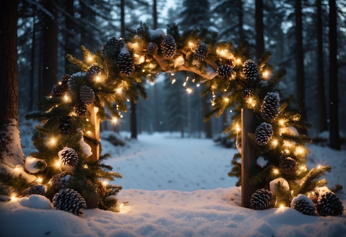 A snowy woodland clearing, adorned with twinkling fairy lights and evergreen garlands. A rustic wooden arch stands at the center, draped with white fabric and adorned with pinecones and berries