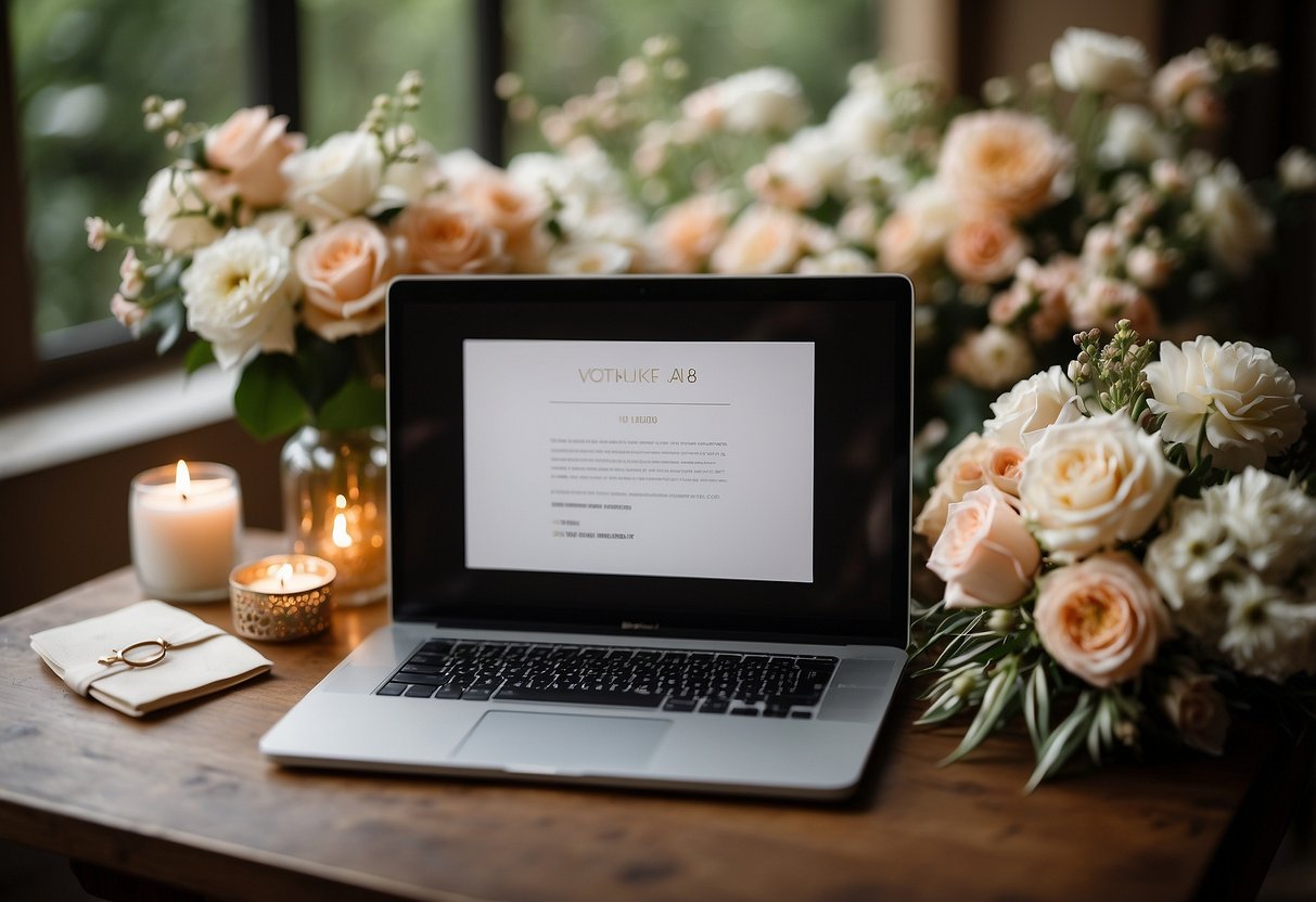 A laptop displaying various wedding-related email addresses, surrounded by wedding invitations and a bouquet of flowers