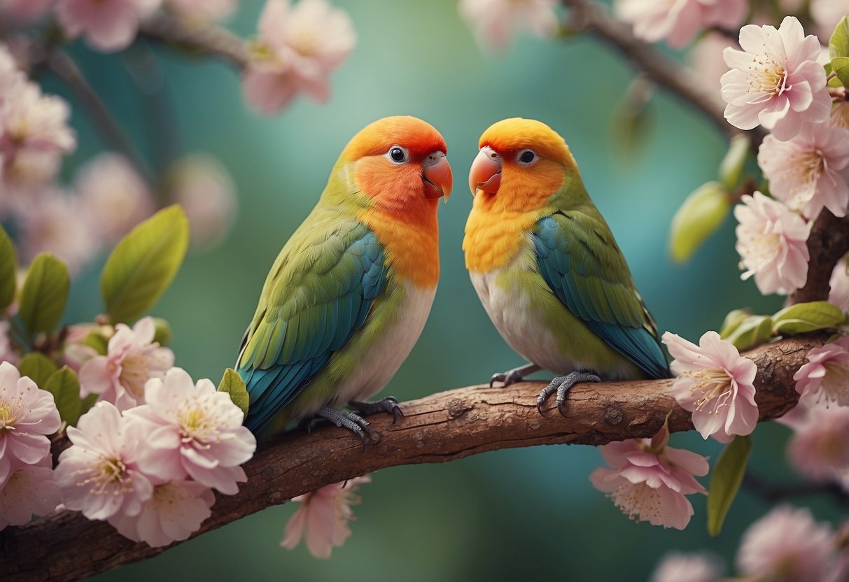 A pair of colorful lovebirds perched on a branch, surrounded by blossoming flowers and a decorative "LoveBirds2024@gmail.com" sign