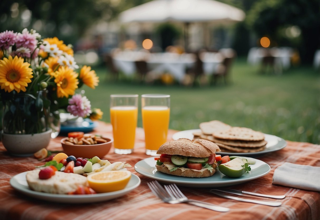 A beautiful outdoor setting with a picnic blanket spread out on the grass, surrounded by colorful flowers and decorative lanterns. A table is set with elegant tableware and a delicious spread of food and drinks