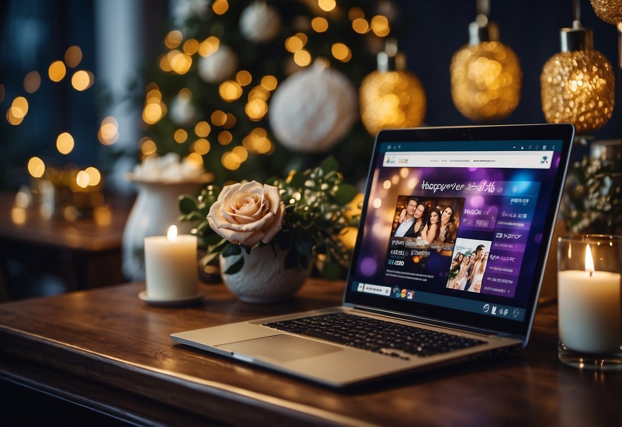 A computer screen with "HappilyEverAfter2024@yahoo.com" displayed, surrounded by wedding-related images and decorations